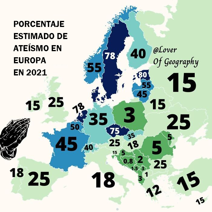 Este post muestra el porcentaje estimado de la población de los países que se identifica como ateo o agnóstico