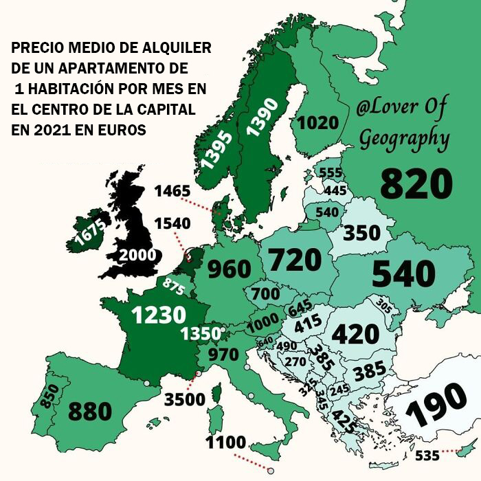 Este post muestra el precio medio en euros del alquiler mensual de un apartamento de 1 dormitorio situado en el centro de la ciudad de cada capital de los países de este mapa