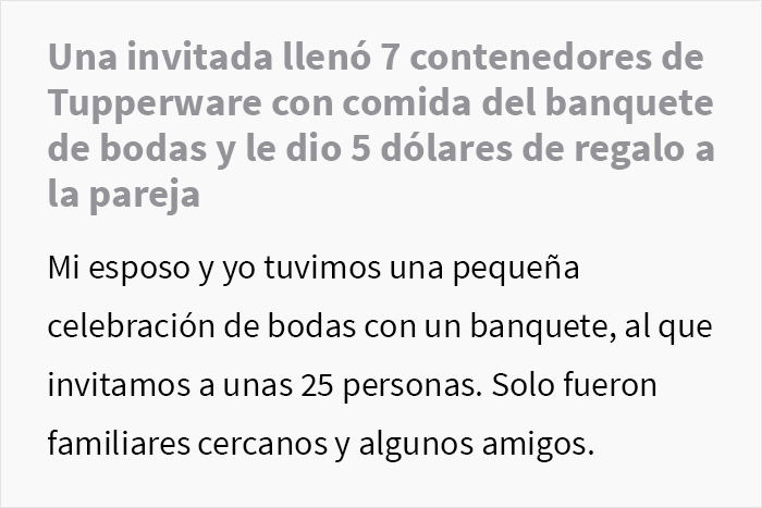 “¿Quién rayos hace algo así?”: Esta novia quedó anonadada al descubrir que una invitada se había llevado 10 recipientes con comida de la boda