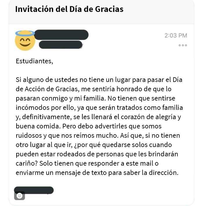 Un profesor invitó a sus estudiantes a pasar el Día de Acción de Gracias