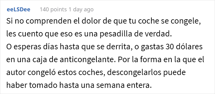 Esta persona congeló los coches de sus vecinos después de que ocuparan ilegalmente su aparcamiento