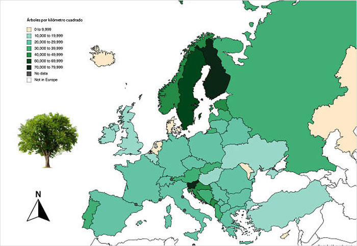 Europa mapeada por árboles por kilómetro cuadrado (densidad de árboles)