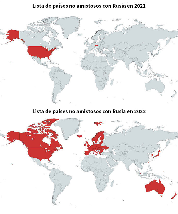 Diferencia entre la lista de países no amistosos con Rusia del año pasado y la de ahora