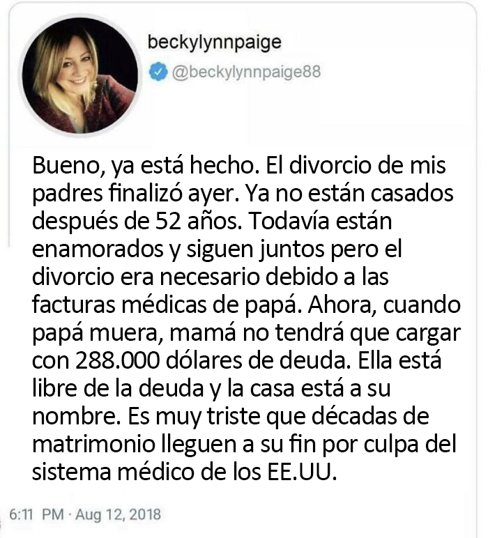 Wow. Una deuda médica provoca el divorcio de un matrimonio de 52 años