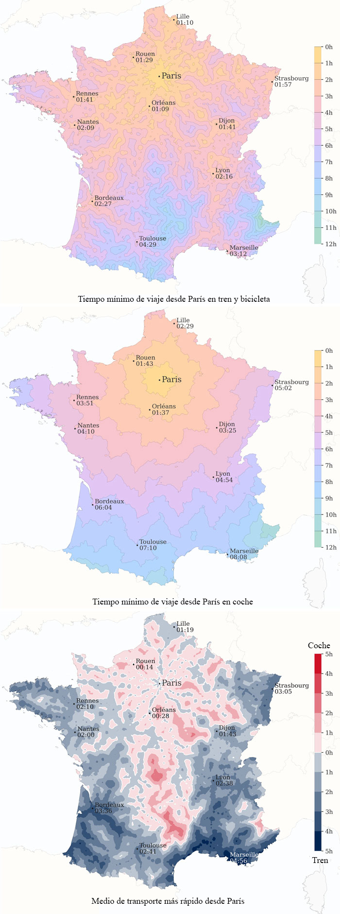 Tiempo Mínimo De Viaje Desde París En Tren Y Bicicleta, Comparados Con El Viaje En Coche