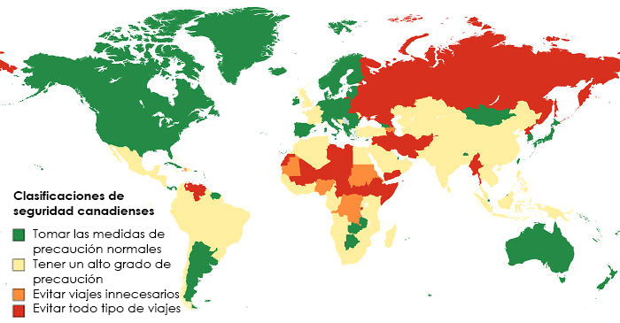 Clasificaciones de seguridad de los países por la asesoría de viajes canadiense