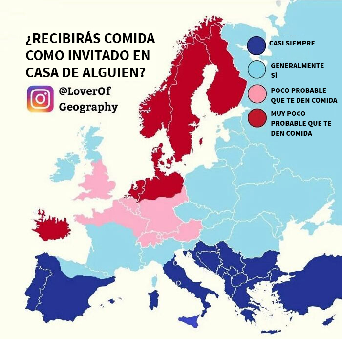 Para los que van de sofá en sofá y los vagabundos en Europa, este es un mapa interesante que muestra los países que tienen más probabilidades de ofrecerte comida como invitado en su casa