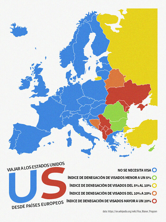 Viajar a los Estados Unidos desde países europeos (Exigencia de visado e índice de rechazo)