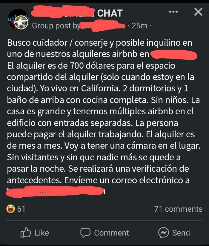 Págame 700 dólares al mes por ser mi cuidador y conserje