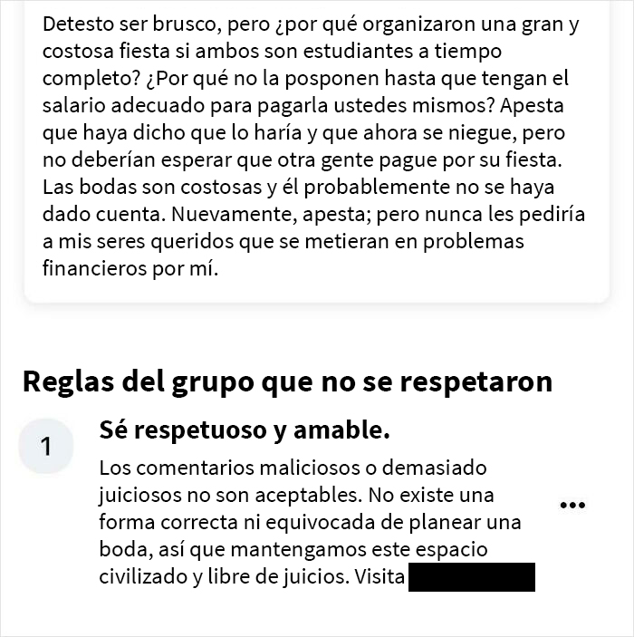 “Rompí las reglas del grupo” por este comentario que le hice a una novia que estaba a punto de romper relación con su padre porque él no podía permitirse gastar 3 mil dólares en el alquiler de sillas y una tienda