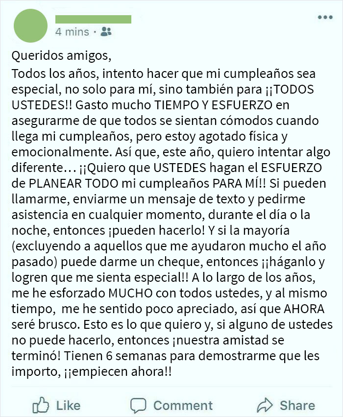 Planeen mi cumpleaños por mí o nuestra amistad se terminará