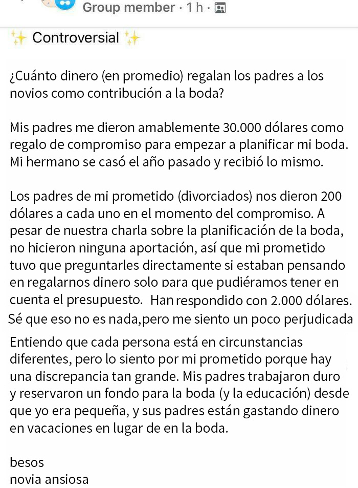 Piensen en esta pobre chica que ha sufrido la injusticia de recibir sólo 32.400 dólares para su boda