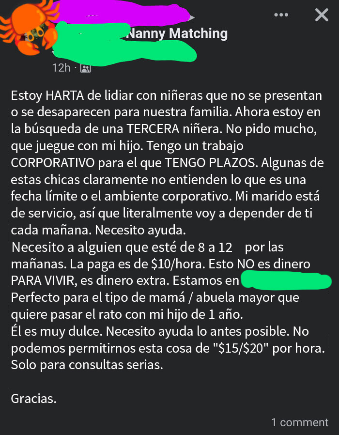 Karen quiere una niñera de 10 dólares la hora