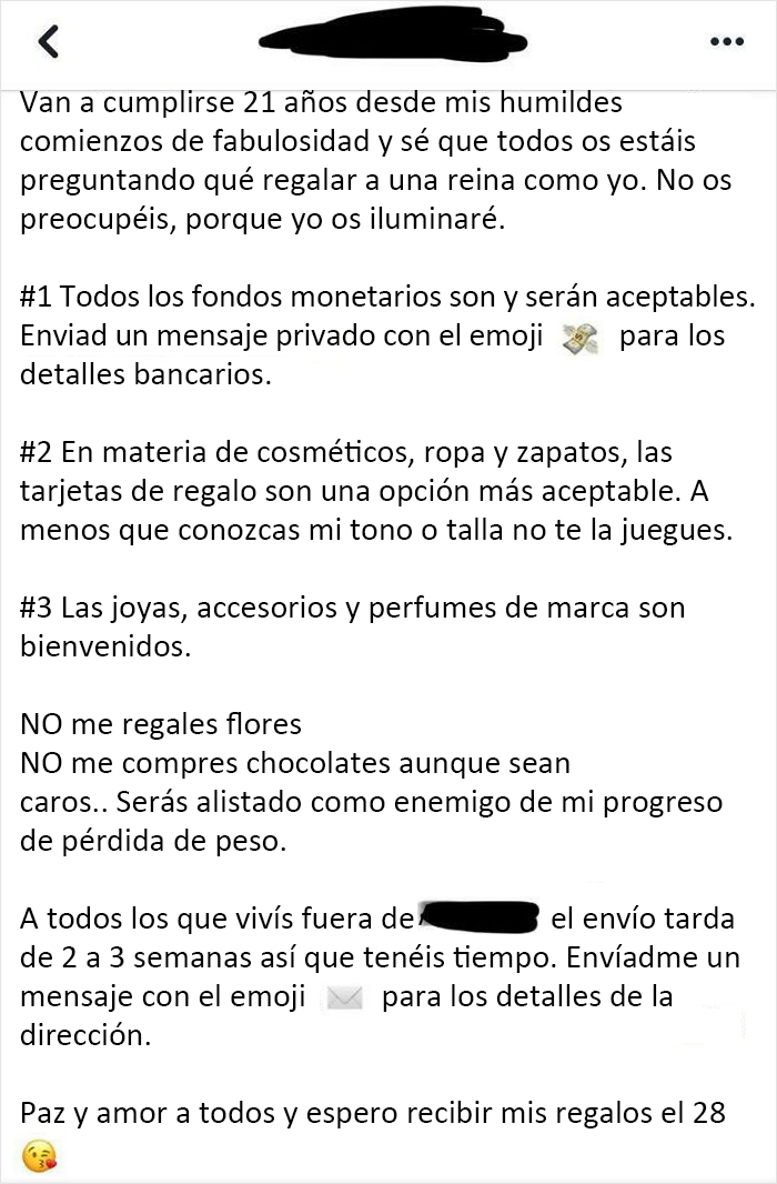 Una amiga de Facebook sobre qué o qué no comprarle para su cumpleaños