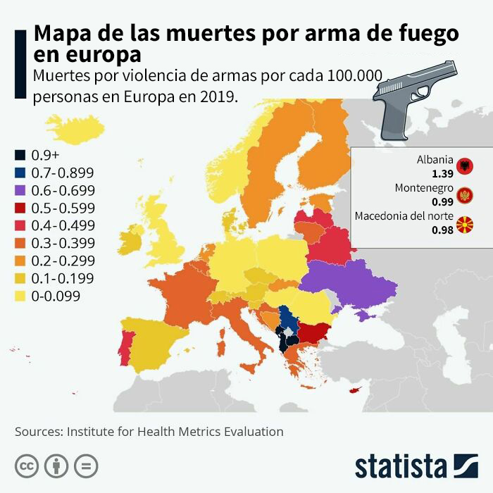 Este mapa muestra las muertes por arma de fuego en Europa en 2019