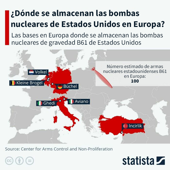 Este mapa muestra las bases en Europa donde se almacenan las bombas nucleares de gravedad B61 de Estados Unidos