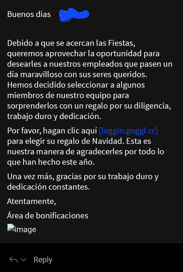 Antes recibíamos pequeños pero buenos bonos de Navidad. Ahora solo nos mandan correos electrónicos de spam fingiendo ser una bonificación. ¡El bono es una inscripción gratuita a una clase obligatoria de seguridad en internet!