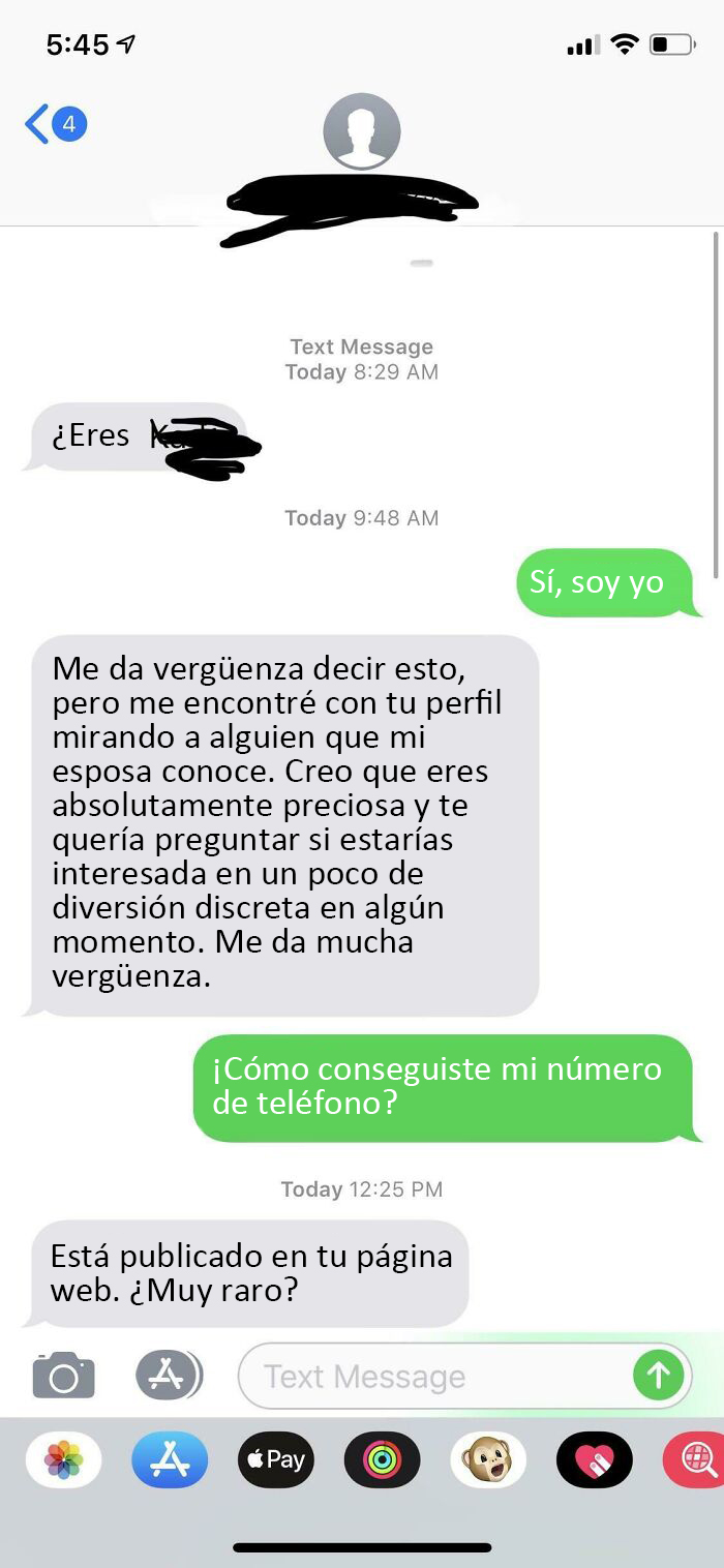 Este tipo me encontró en los "Amigos Sugeridos" de su mujer en Facebook, luego me buscó en Google y usó mi número de teléfono del trabajo para enviarme mensajes de texto. Repugnante