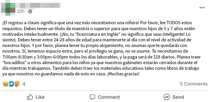 ¿Alguien que tenga estudios de maestría y busque un trabajo de niñera por 18 dólares al día?