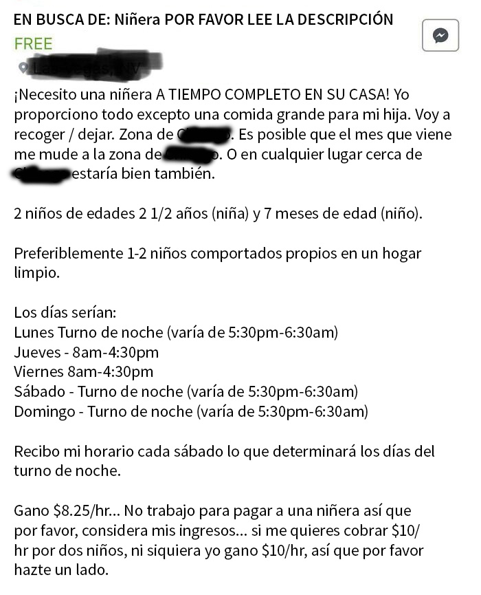 Necesito una niñera/esclava