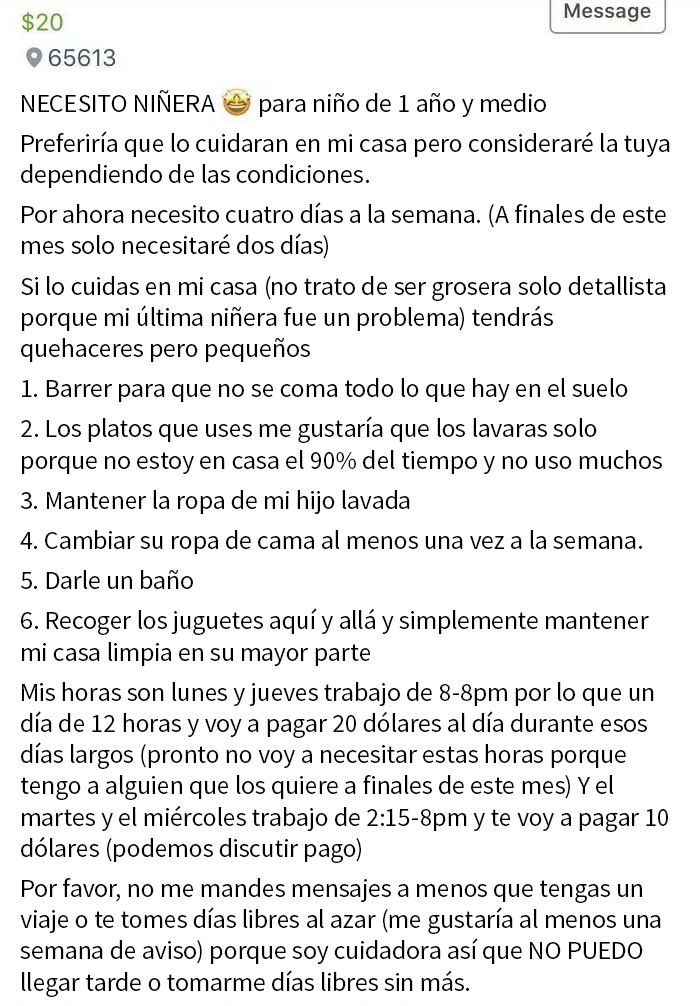 Quiere una niñera/ama de llaves por $1.70 la hora. Lo triste es que la gente se ofrece a hacerlo a su precio