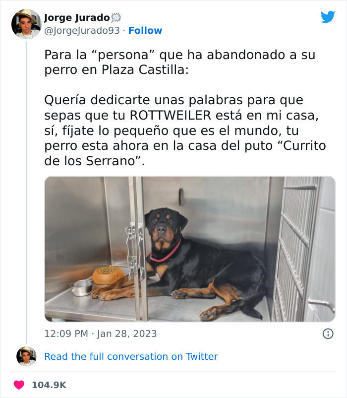 Este actor rescató a un rottweiler maltratado atado a una farola y luego acudió a Twitter a denunciar al anterior dueño