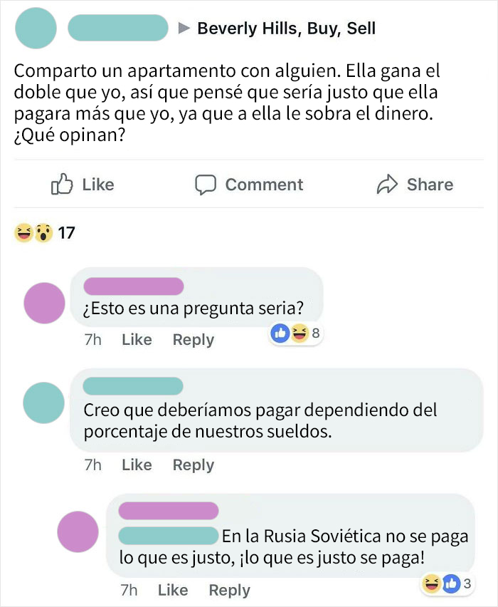 Un usuario de Facebook quiere que la compañera de casa pague más del alquiler porque gana más 