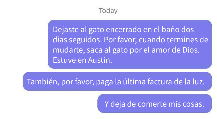 Tuve que hablar con mi compañero de casa por lo que hizo. Llegué a casa y mi gato estaba encerrado en el baño 