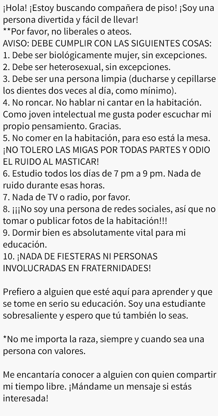 Una chica universitaria busca compañera de piso pero es homofóbica/transfóbica, grosera, quiere silencio casi las 24 horas del día y tiene expectativas poco realistas. (Me pregunto quién terminó viviendo allí… y si aún está cuerda) 