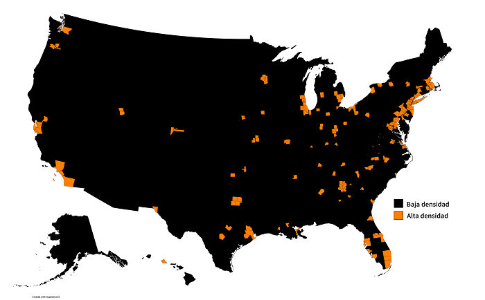 A partir de 2020, la mitad de Estados Unidos vivirá en los condados negros y la otra mitad en los naranjas 