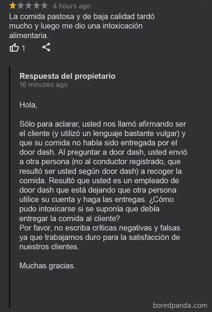 Reseña falsa después de comerse la comida