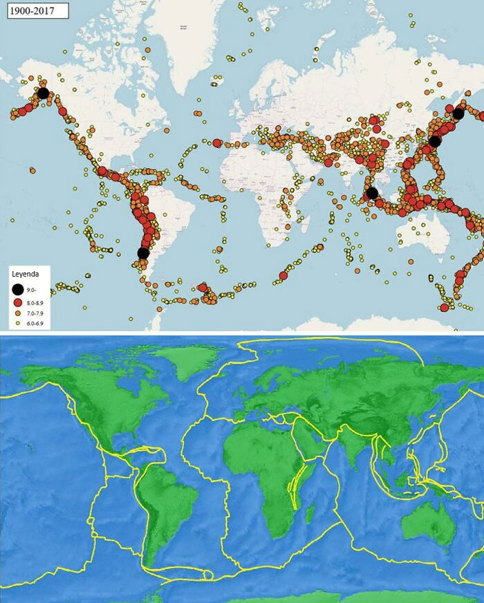 Alguien aquí publicó un mapa de terremotos desde 1900 (arriba). Ahora mira uno por uno al mapa de las placas tectónicas reales (abajo)
