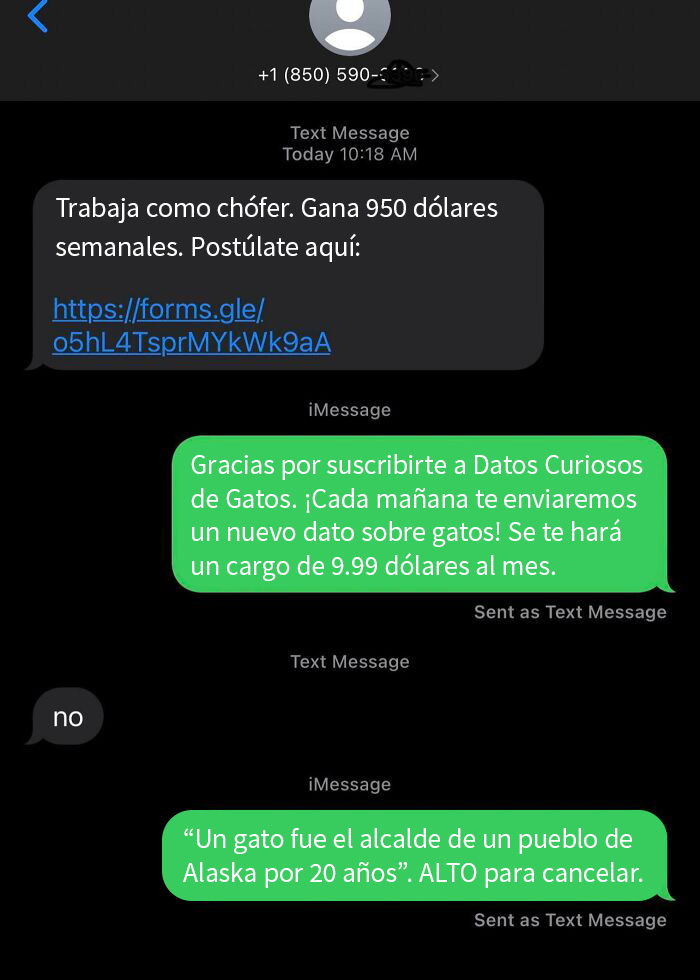 Estafa por mensaje de texto. ¡Engañarlos con datos sobre gatos!