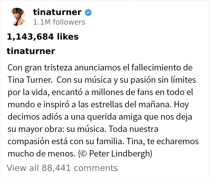 El ominoso post de Instagram de Tina Turner dos meses antes de morir explicaba mucho sobre su estado de salud