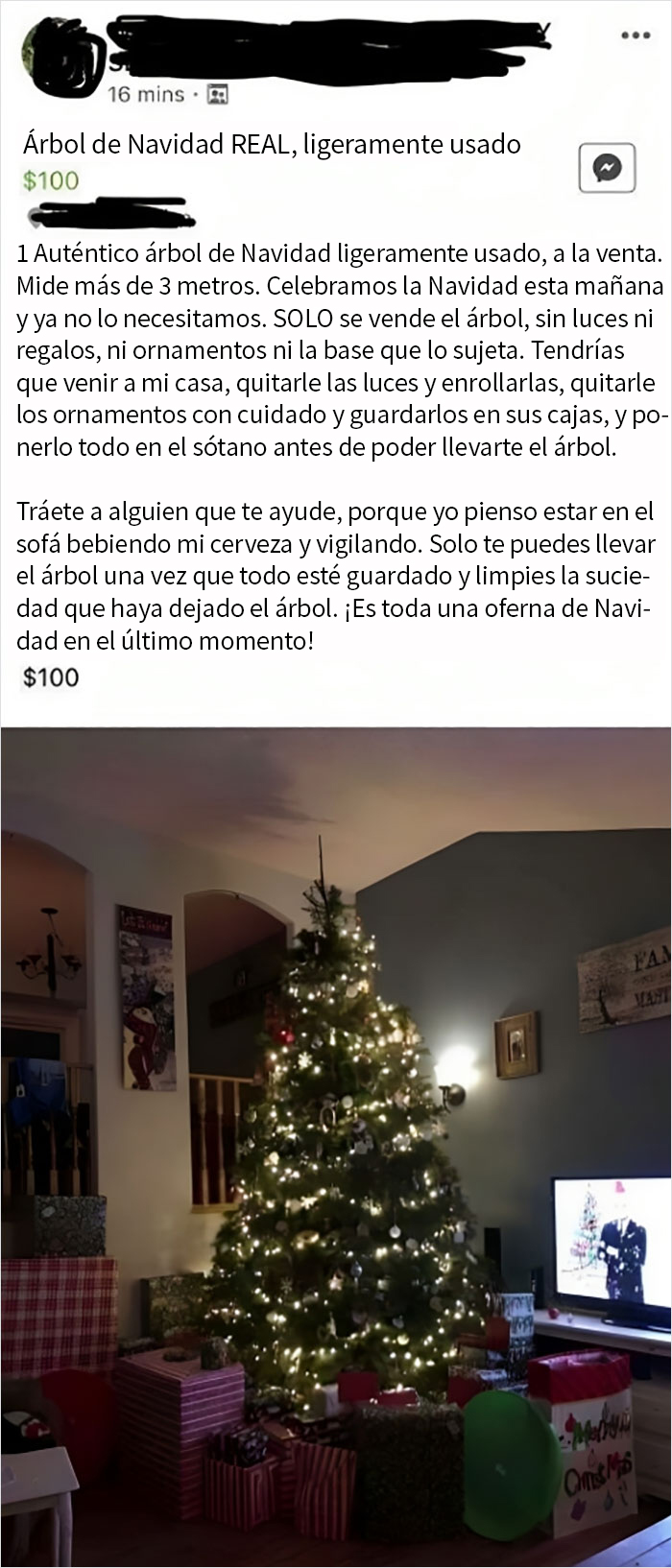 Págame 100$ y te dejo recoger mi árbol de Navidad, guardarlo todo y limpiar mientras te vigilo bebiendo una cerveza