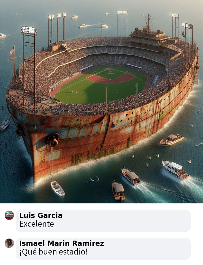 Barco olvidado en el mar en el que construyeron un estadio de béisbol