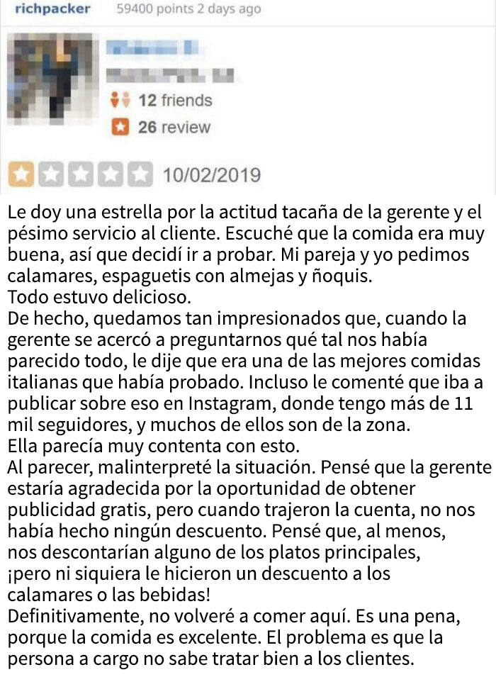 Una razón perfectamente válida para dejar una mala reseña