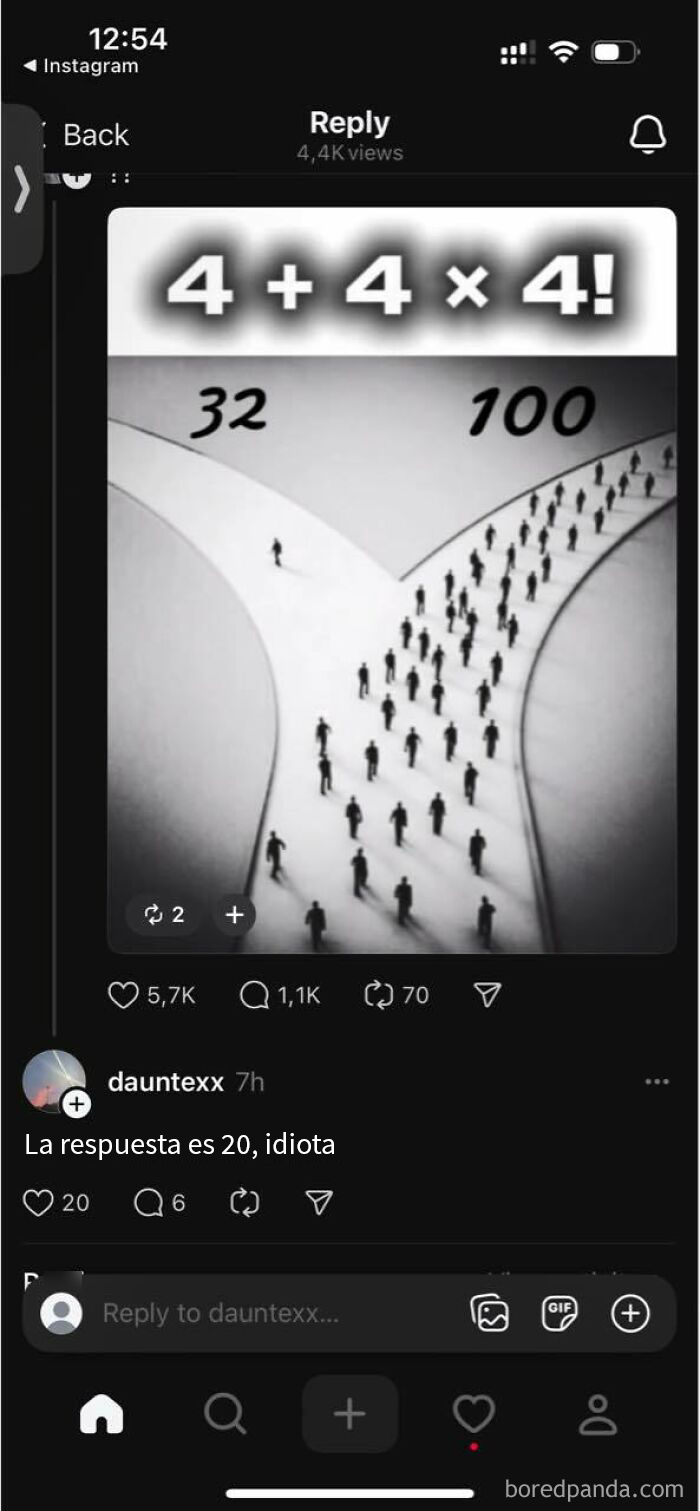 Confusión matemática en debate de redes sociales, mostrando debate sobre la respuesta correcta.