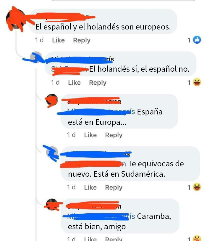 Comentarios de personas que corrigieron erróneamente sobre la ubicación de Europa y Sudamérica.