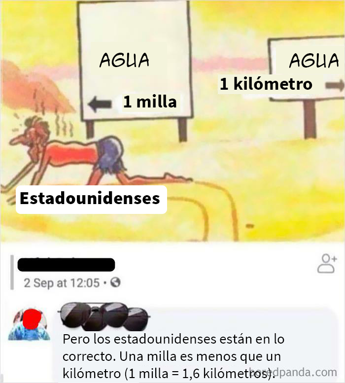 Persona confusa sobre distancias entre millas y kilómetros en un meme gracioso.