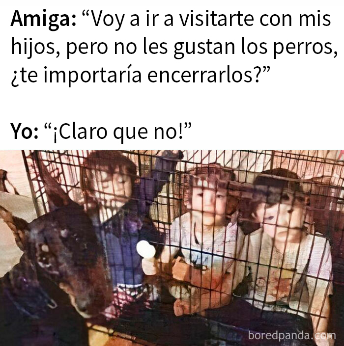 Niños dentro de una jaula como broma sobre perros en un meme divertido.