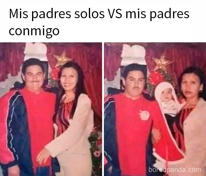 Pareja sonriente en una foto y con un bebé en la otra, mostrando humor sarcástico.