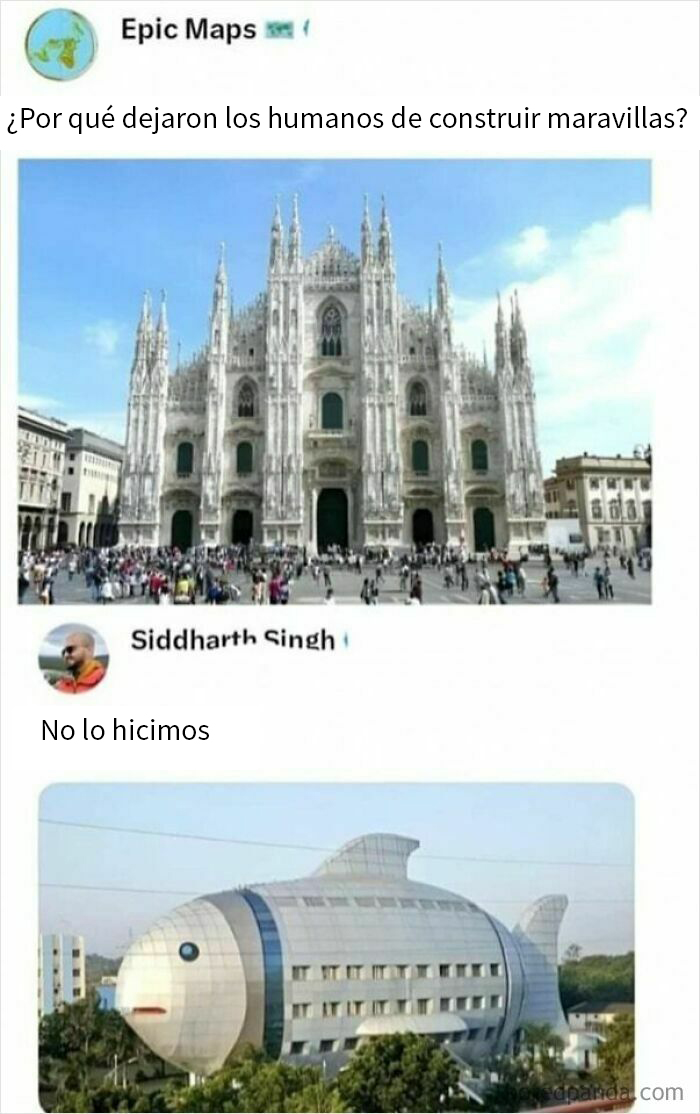 Memes de sarcasmo: contraste entre catedral y edificio con forma de pez.