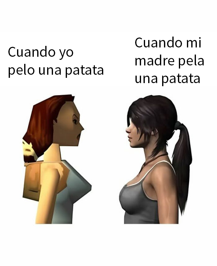 Personajes de videojuegos mostrando sarcasticamente cómo pelan una patata madre e hija.