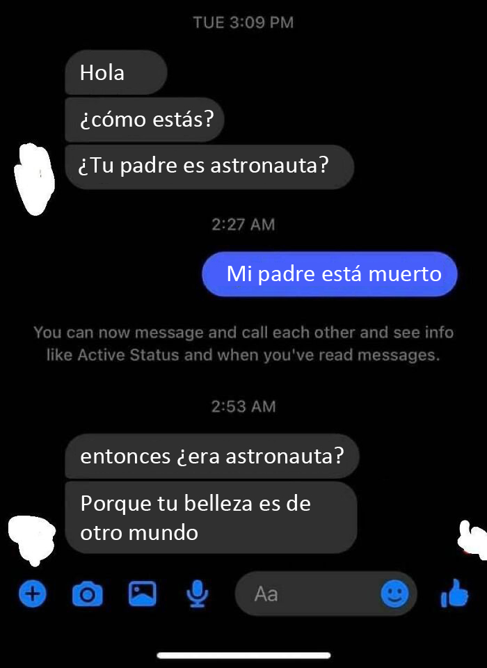 Conversación de texto incómoda sobre un astronauta y un padre muerto, causando vergüenza ajena.