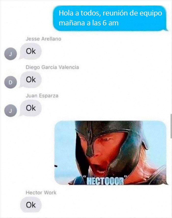 Mensajes de texto caóticos sobre una reunión a las 6 am, con un meme divertido de Héctor.