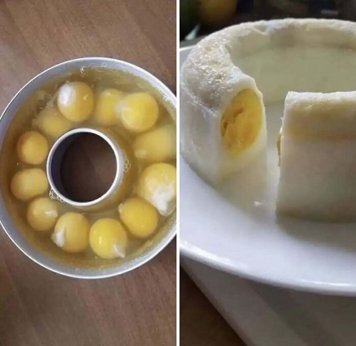Huevos cocidos en molde circular; ejemplo de comida caótica.