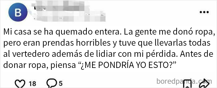 Mensaje de un pedigüeño exigente criticando la mala calidad de la ropa donada tras una tragedia personal.