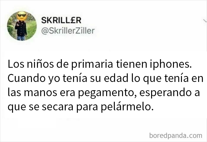 Meme divertido que refleja el humor británico sobre la infancia y la comparación con la tecnología actual.