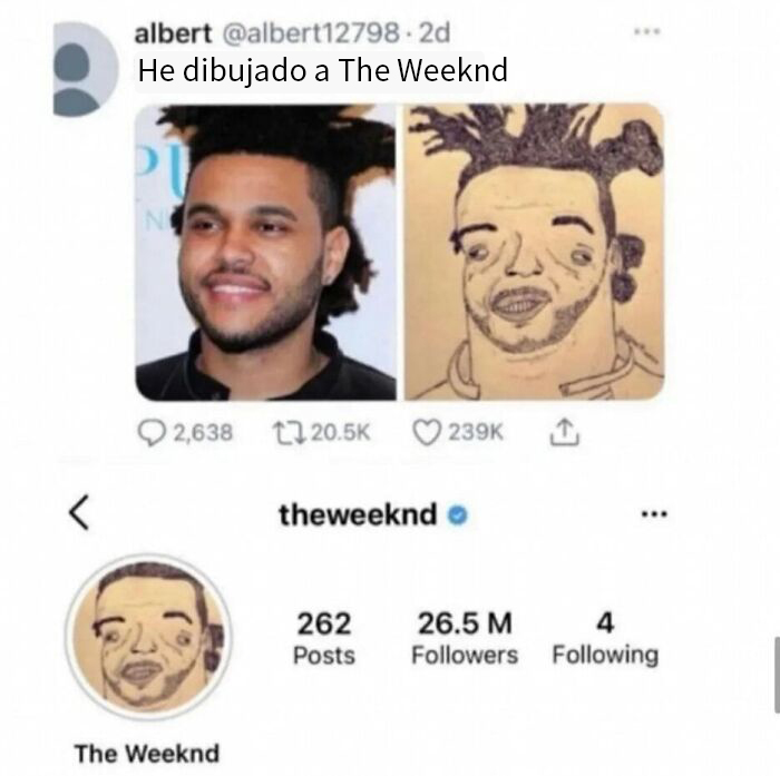 Meme divertido de un dibujo humorístico de una figura conocida al lado de su foto real.